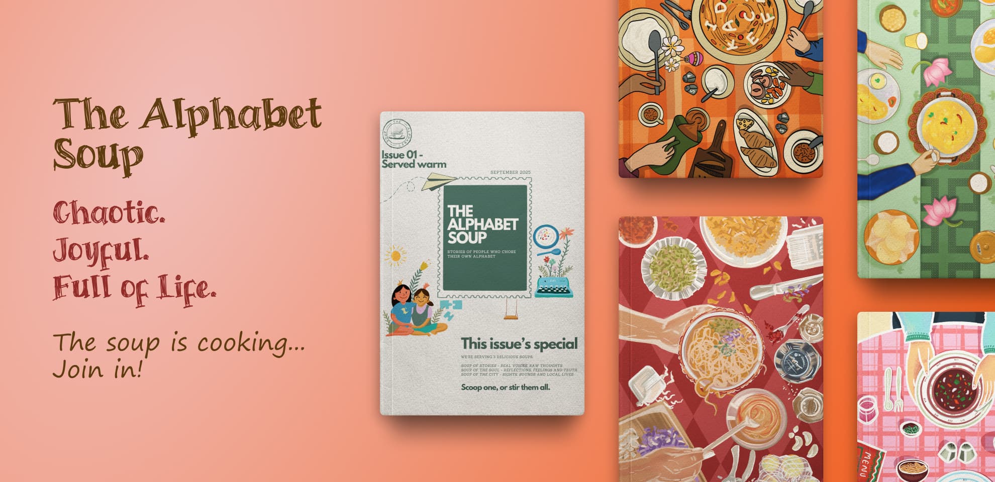 The Alphabet Soup hero section featuring magazine cover and illustrated dining scenes